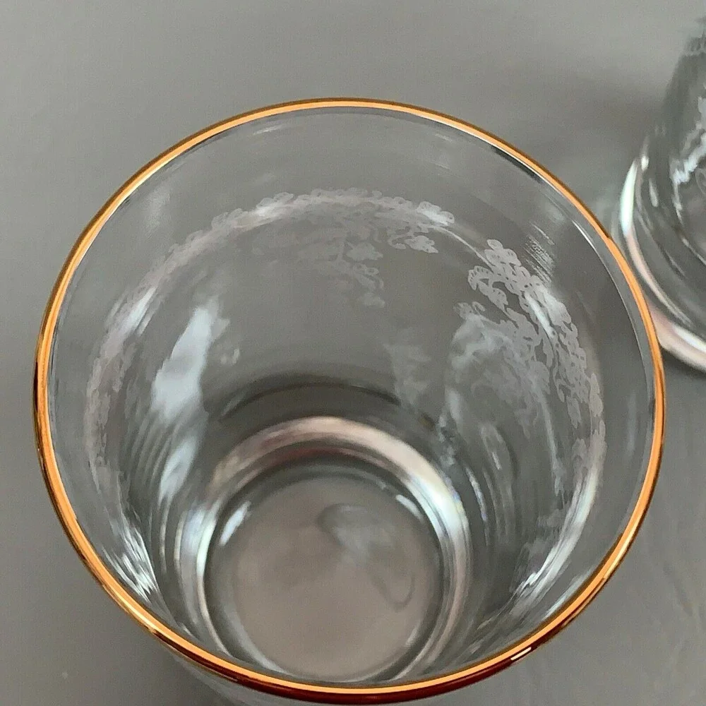 Highball Clear Glasses White‎ Flowers Floral Gold Trim Lot of 2